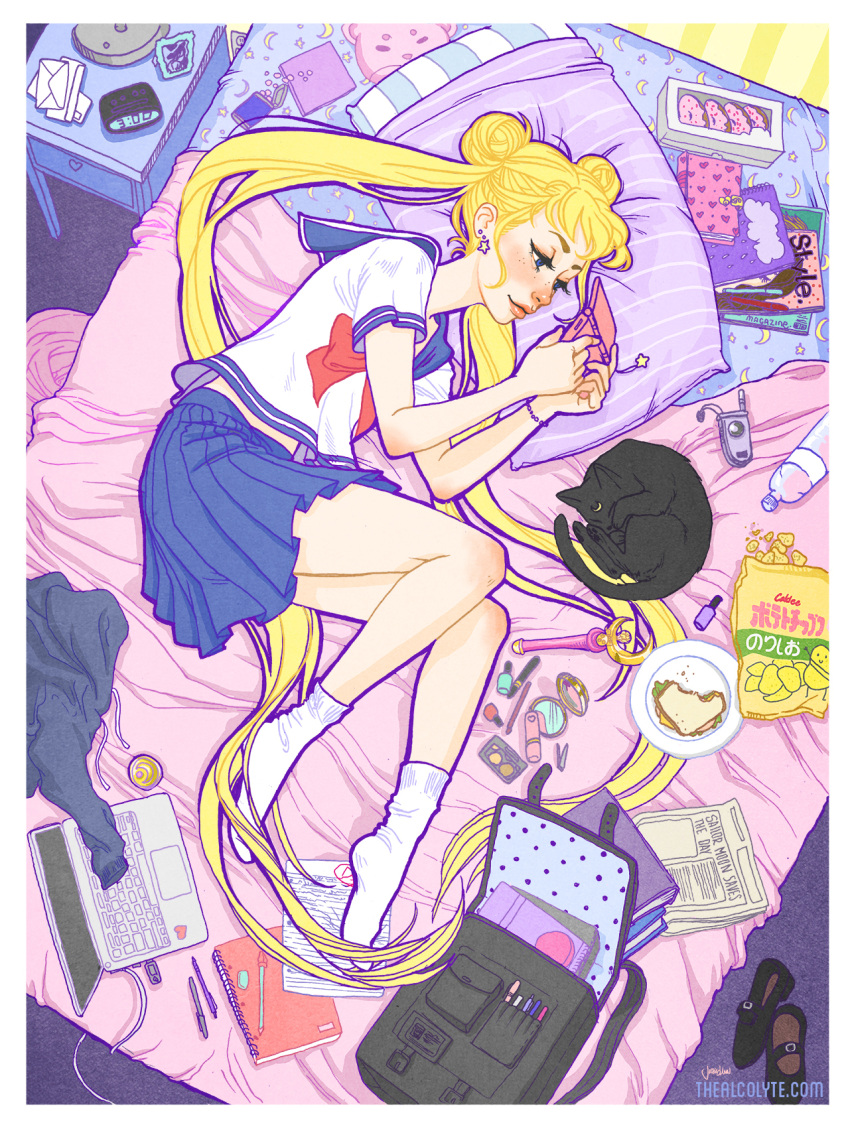 1girl backpack bag bishoujo_senshi_sailor_moon bite_mark black_cat black_footwear blonde_hair blouse blue_eyes blue_sailor_collar blue_skirt bow bracelet cable cat chips closed_mouth cloud_print computer crescent_moon crumbs doughnut drawstring earrings flash_drive food from_above from_side handheld_game_console heart heart_print highres indoors jacquelin_de_leon jewelry laptop long_hair looking_at_screen magazine makeup moon nail_polish_bottle nightstand nintendo_3ds notebook on_bed paper pencil pillow pink_bed_sheet play pleated_skirt potato_chips purple_pillow rain_print red_bow sailor_collar sailor_moon shoes_removed short_twintails skirt socks solo star star_earrings twintails very_long_hair wand watermark web_address white_blouse white_legwear