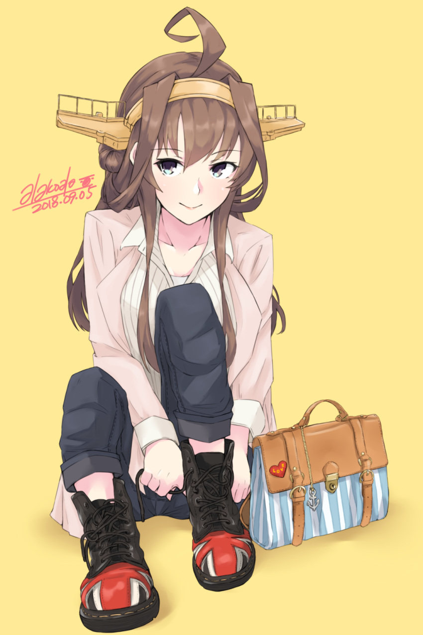 1girl alakoala_shoushou alternate_costume anchor_symbol bag blouse blue_eyes boots breasts brown_hair casual collarbone dated denim double_bun eyebrows_visible_through_hair hairband headgear highres jacket jeans kantai_collection kongou_(kantai_collection) long_hair long_sleeves looking_at_viewer open_clothes open_jacket pants remodel_(kantai_collection) shoelaces shoes shoulder_bag signature simple_background sitting smile solo twitter_username tying_shoes union_jack white_blouse yellow_background