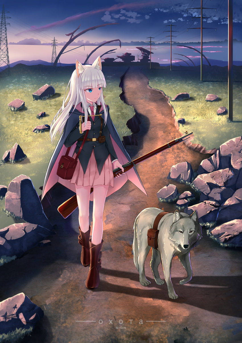 1girl animal_ears artist_name bag blue_eyes boots brown_footwear cat_ears check_translation closed_mouth eyebrows_visible_through_hair gun handbag highres holding holding_gun holding_weapon long_hair looking_away original outdoors pink_skirt russian scenery silver_hair sion005 skirt solo standing translation_request weapon wolf