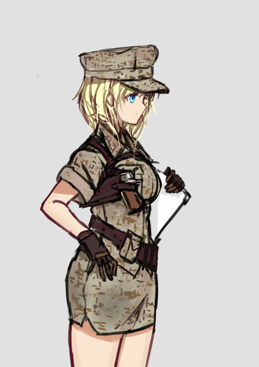 absurdres artist_request belt blonde_hair blue_eyes camouflage desert_pattern digital_camouflage folder girls_frontline gloves gun handgun hat highres holstered_weapon m1911 m1911_(girls_frontline) marine_corps skirt weapon