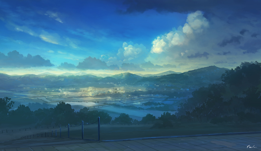absurdres blue_sky bridge cityscape clouds cloudy_sky comic day feel_(nasitaki) highres landscape no_humans original outdoors railing scenery signature sky stairs