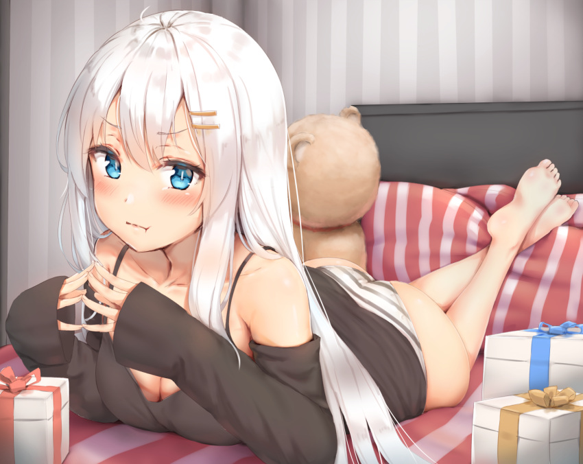 1girl :t ass bare_legs barefoot blue_eyes blush box breasts bright_pupils cleavage fingers_together gift gift_box hair_ornament hairclip indoors large_breasts long_hair long_sleeves looking_at_viewer lying no_pants off-shoulder_shirt on_bed on_stomach original panties pout reinama shirt sidelocks sleeves_past_wrists solo spaghetti_strap striped striped_panties stuffed_animal stuffed_toy teddy_bear underwear white_hair