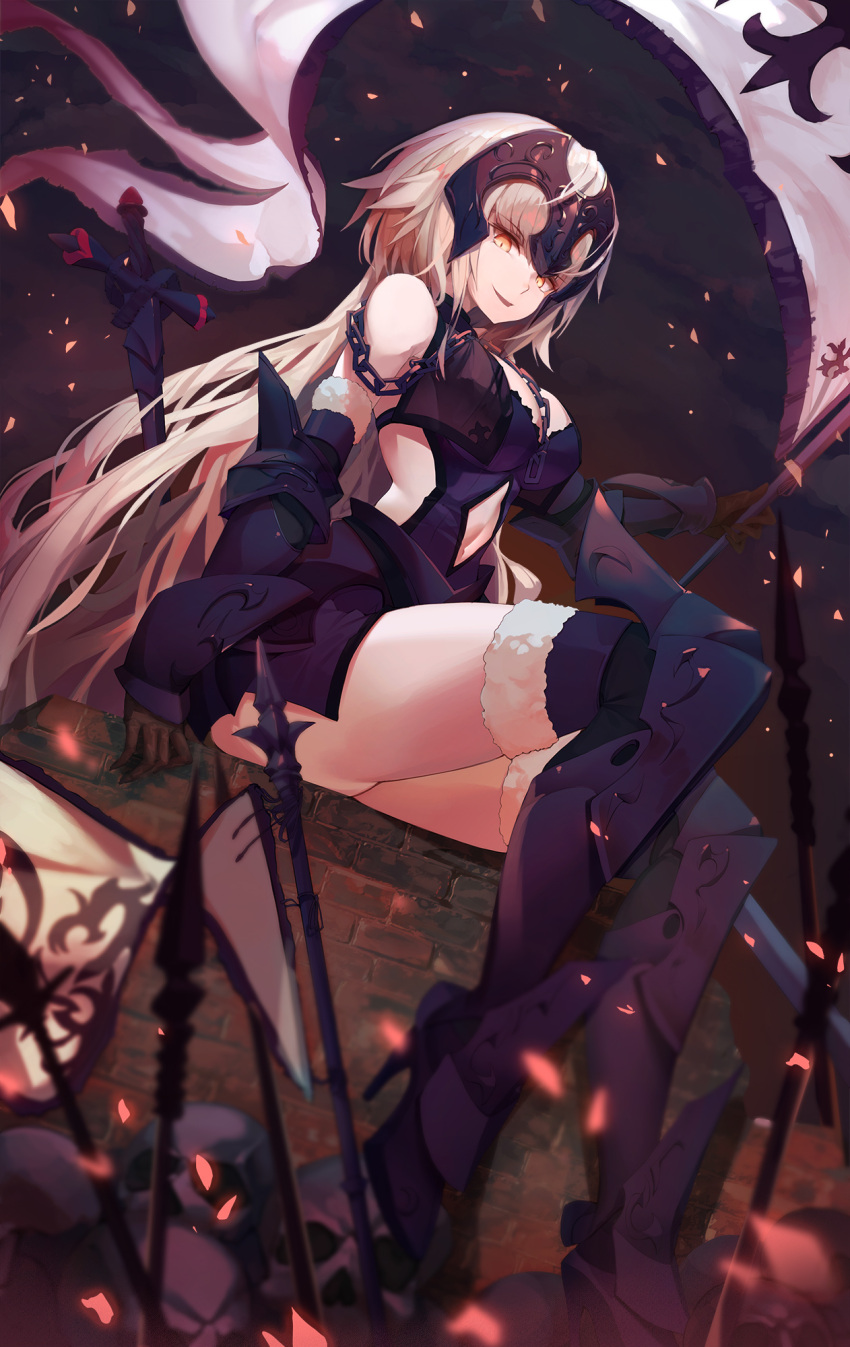 1girl bangs banner black_legwear breasts chains cleavage commentary_request evil_smile fate/grand_order fate_(series) forehead_protector fur_trim gorget greaves hair_between_eyes highres holding jeanne_d'arc_(alter)_(fate) jeanne_d'arc_(fate)_(all) large_breasts long_hair looking_at_viewer munseonghwa silver_hair sitting skull smile solo sparks sword thigh-highs vambraces weapon
