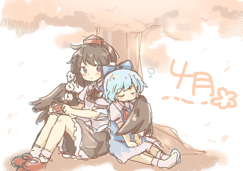 2girls :/ :o ascot black_neckwear black_wings blue_dress blue_hair blush bow brown_hair camera cirno closed_eyes commentary_request dress full_body hair_bow hat highres ice ice_wings kototoki leaning_on_person looking_at_viewer multiple_girls outdoors pom_pom_(clothes) red_eyes red_neckwear shameimaru_aya shirt shoes short_hair short_sleeves sitting sketch skirt sleeping socks tokin_hat touhou tree wing_hug wings
