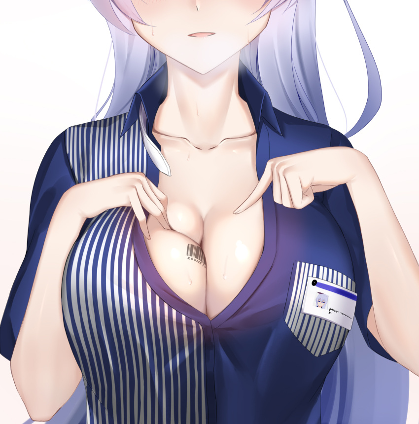 1girl azur_lane barcode_tattoo blue_shirt blush breasts character_name cleavage collarbone employee_uniform eternity_(pixiv8012826) gradient gradient_background hand_on_own_chest highres large_breasts lavender_hair lawson long_hair name_tag open_mouth pointing pointing_at_self rodney_(azur_lane) shirt simple_background smile solo sweat tattoo uniform upper_body very_long_hair