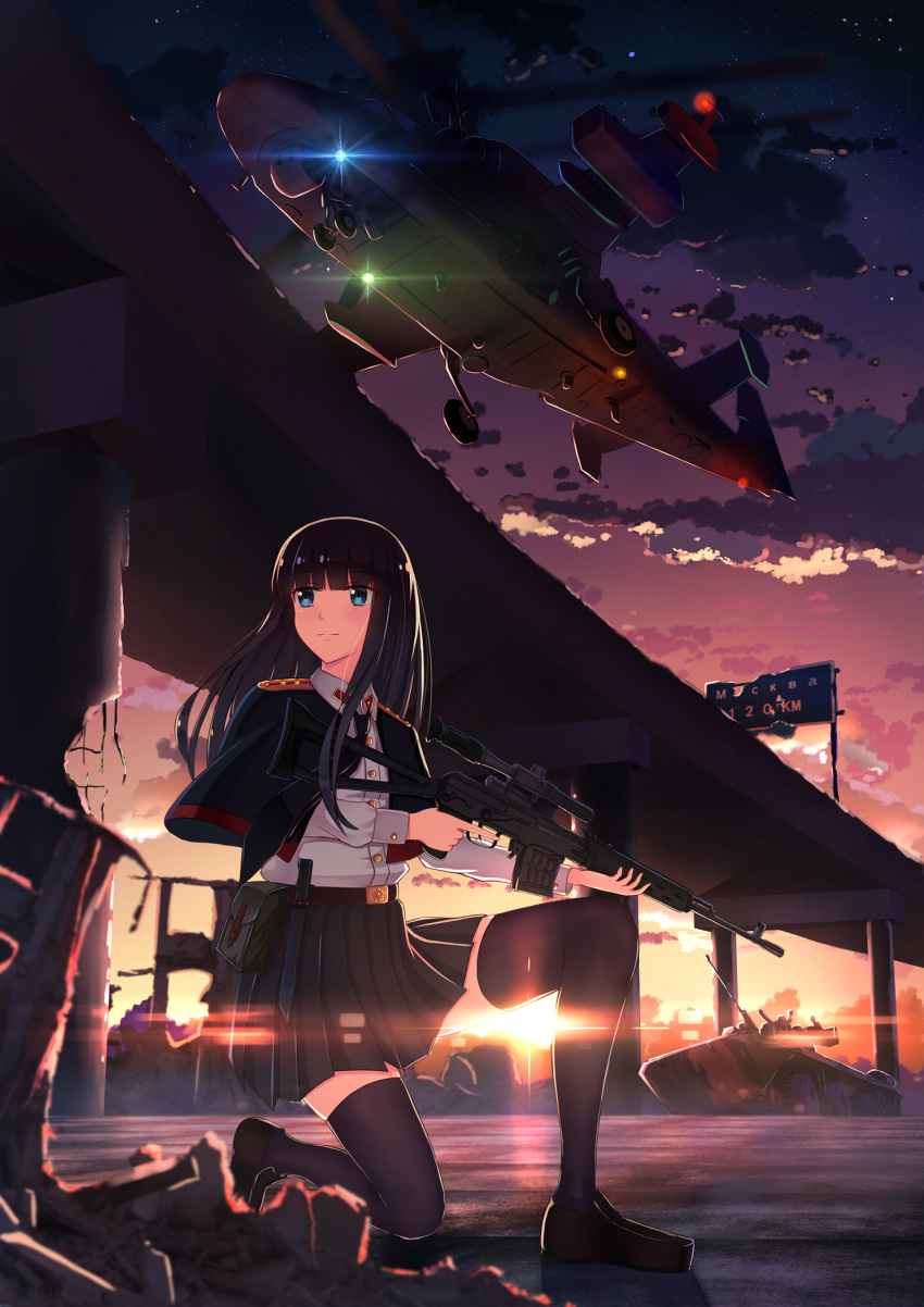 1girl aircraft bangs black_footwear black_hair black_legwear black_neckwear black_skirt blue_eyes bridge capelet clouds dagger epaulettes evening eyebrows_visible_through_hair ground_vehicle gun helicopter highres holding holding_weapon loafers long_hair long_shirt looking_back military military_vehicle miniskirt motor_vehicle necktie one_knee original pleated_skirt pouch rifle road school_uniform shirt shoes sion005 skirt sky street sun sunset tank thigh-highs weapon white_shirt zettai_ryouiki