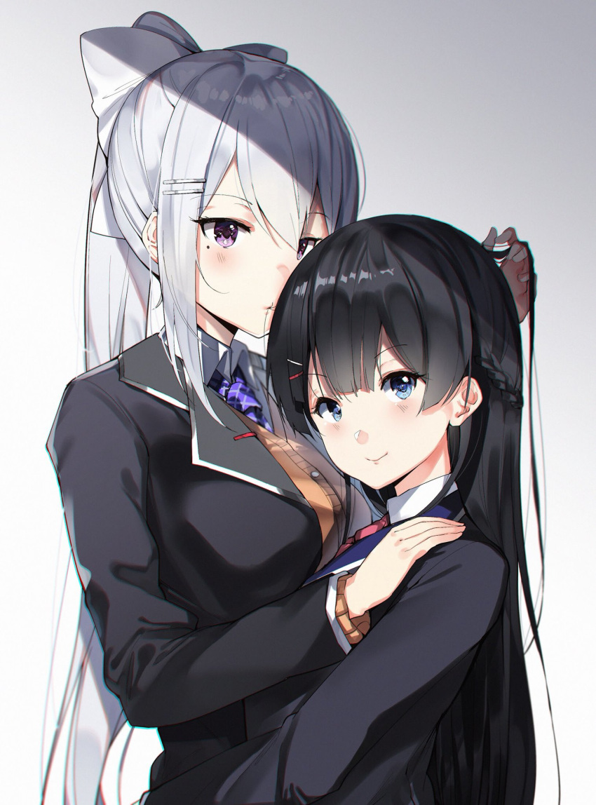 2girls black_hair black_jacket blazer blue_eyes blush bow braid cardigan commentary_request gradient gradient_background grey_background hair_bow hair_in_mouth hair_ornament hairclip half_updo hand_on_another's_shoulder highres higuchi_kaede holding_another's_hair jacket long_hair looking_at_viewer mole mole_under_eye multiple_girls necktie nijisanji orihi_chihiro plaid_neckwear ponytail school_uniform silver_hair smile tsukino_mito very_long_hair virtual_youtuber white_bow