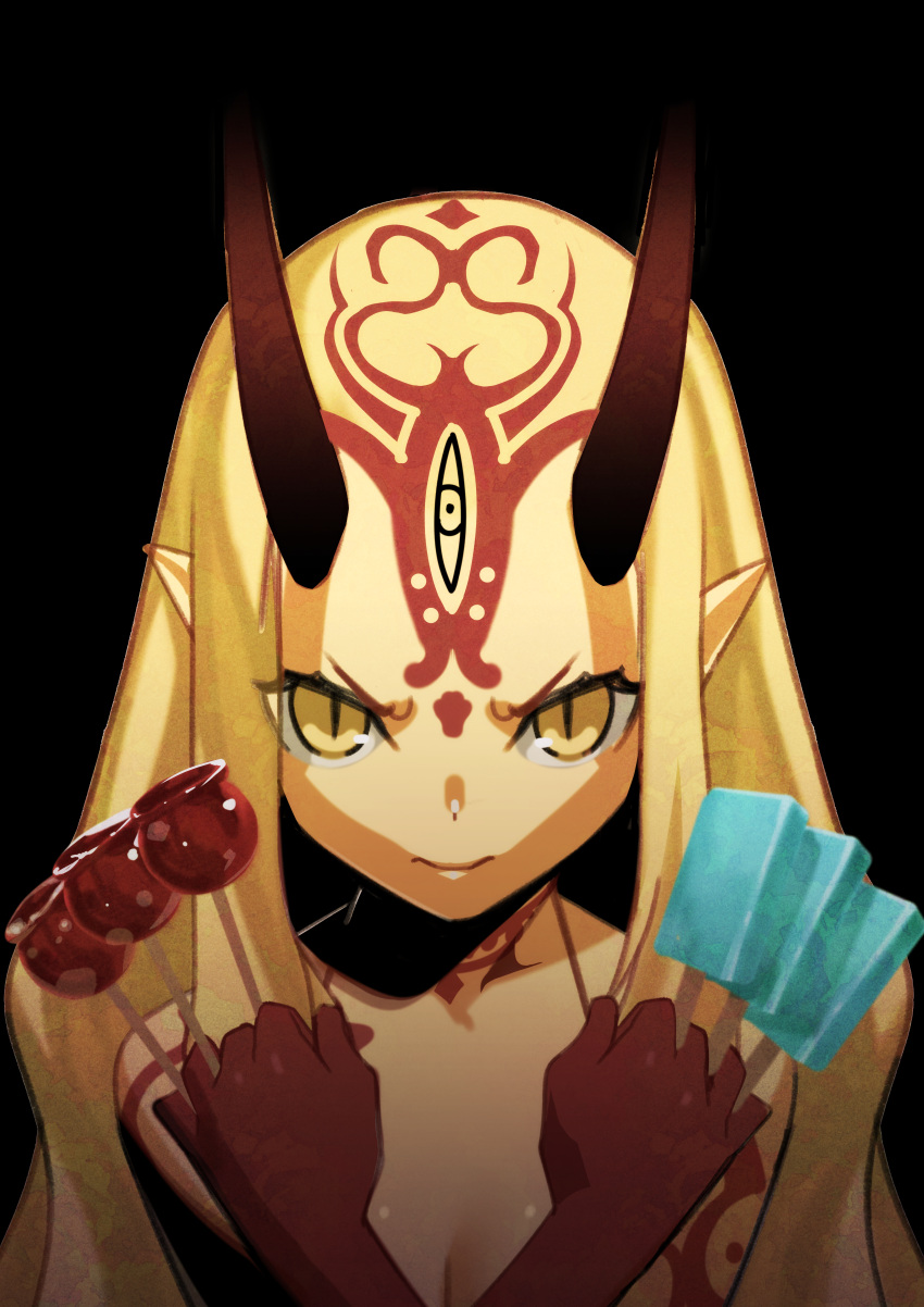 &gt;:) 1girl absurdres akisa_(12023648) bare_shoulders between_fingers black_background blonde_hair breasts candy_apple cleavage closed_mouth facial_mark fate/grand_order fate_(series) fighting_stance food forehead forehead_mark highres holding holding_food huge_filesize ibaraki_douji_(fate/grand_order) long_hair looking_at_viewer oni_horns pointy_ears popsicle sidelocks simple_background slit_pupils smile solo tattoo upper_body v-shaped_eyebrows x_arms yellow_eyes
