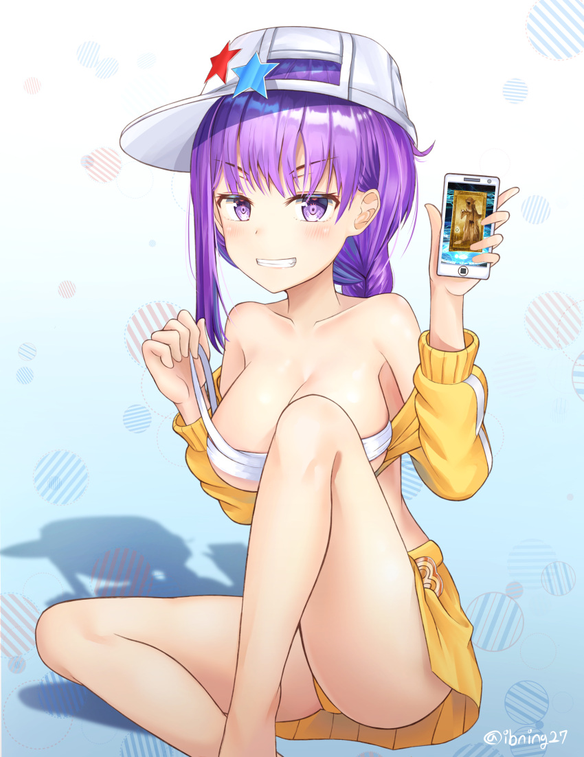 1girl :d absurdres ass bangs bare_shoulders baseball_cap bb_(fate)_(all) bb_(swimsuit_mooncancer)_(fate) blush braid breasts cellphone cleavage collarbone fate/grand_order fate_(series) hands_up hat highres holding holding_phone ibning27 jacket large_breasts leg_up long_hair long_sleeves looking_at_viewer miniskirt off_shoulder open_mouth phone purple_hair shadow shiny shiny_hair sidelocks simple_background sitting skirt smartphone smile smirk solo star star_hat_ornament teeth twitter_username violet_eyes white_bikini_top white_hat yellow_jacket yellow_skirt