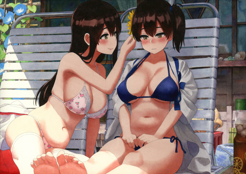 2girls akagi_(kantai_collection) alternate_costume bangs bare_arms bare_legs bare_shoulders belly bikini bikini_under_clothes blue_bikini blue_flower blush bottle bra breasts brown_eyes brown_hair chair cleavage collarbone commentary_request curtains embarrassed eyebrows_visible_through_hair floral_print flower flower_on_head hair_between_eyes hair_flower hair_ornament hakama hakama_removed hakama_skirt halter_top halterneck hand_in_another's_hair hands_on_lap japanese_clothes kaga_(kantai_collection) kantai_collection lace lace-trimmed_bikini large_breasts leaning_on_person long_hair looking_at_another looking_down lounge_chair midriff morning_glory multiple_girls navel nose_blush open_clothes outdoors panties pink_bra pink_lips pink_panties plump seashell shade shell shijukara_(great_tit) side-tie_bikini side_ponytail sideboob sitting skindentation smile soles stomach string_bikini sunflower_hair_ornament swimsuit thigh-highs thigh_strap thighs toes traditional_media under_boob underwear watercolor_(medium) wavy_mouth white_legwear window wooden_wall