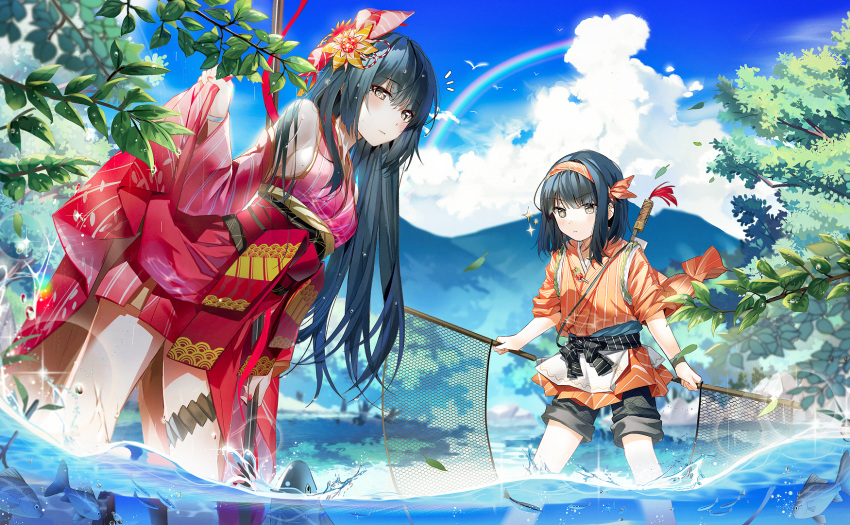 2girls black_hair blue_sky blurry blurry_background brown_eyes clouds day detached_sleeves eyebrows_visible_through_hair fish fishing flower forest hair_flower hair_ornament hairband highres japanese_clothes leaf lifted_by_self long_hair looking_at_viewer mountainous_horizon multiple_girls nature net official_art popuru short_hair shorts skirt skirt_lift sky standing summer tasty_saga tree water wet wet_hair wind