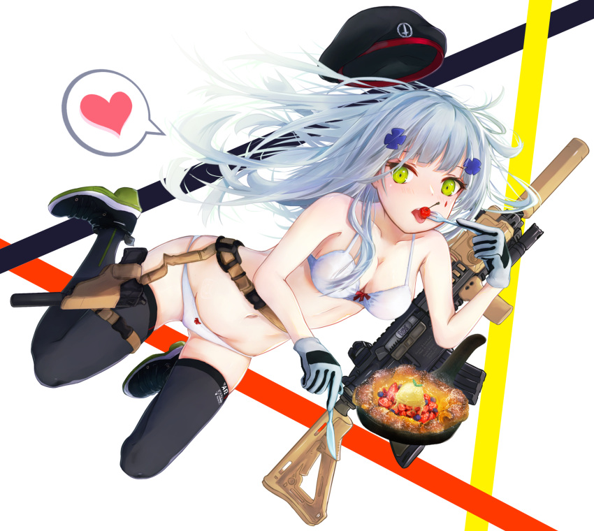 1girl assault_rifle bag bangs beret black_legwear blunt_bangs blush bow bow_panties bra breasts buckle character_name cleavage clothes_writing collarbone eating eyebrows_visible_through_hair facial_mark floating floating_hair food fork full_body girls_frontline gloves green_eyes gun hair_ornament handgun hat hat_removed headwear_removed heart heckler_&amp;_koch highres hk416 hk416_(girls_frontline) holding holding_fork holding_knife holster holstered_weapon knife long_hair looking_at_viewer magazine_(weapon) medium_breasts navel open_mouth panties pistol rifle shoes sidelocks silver_hair skindentation sneakers solo spoken_heart stomach teardrop thigh-highs thigh_holster thighs tofuto tongue tongue_out underwear underwear_only upper_teeth very_long_hair weapon white_bra white_panties