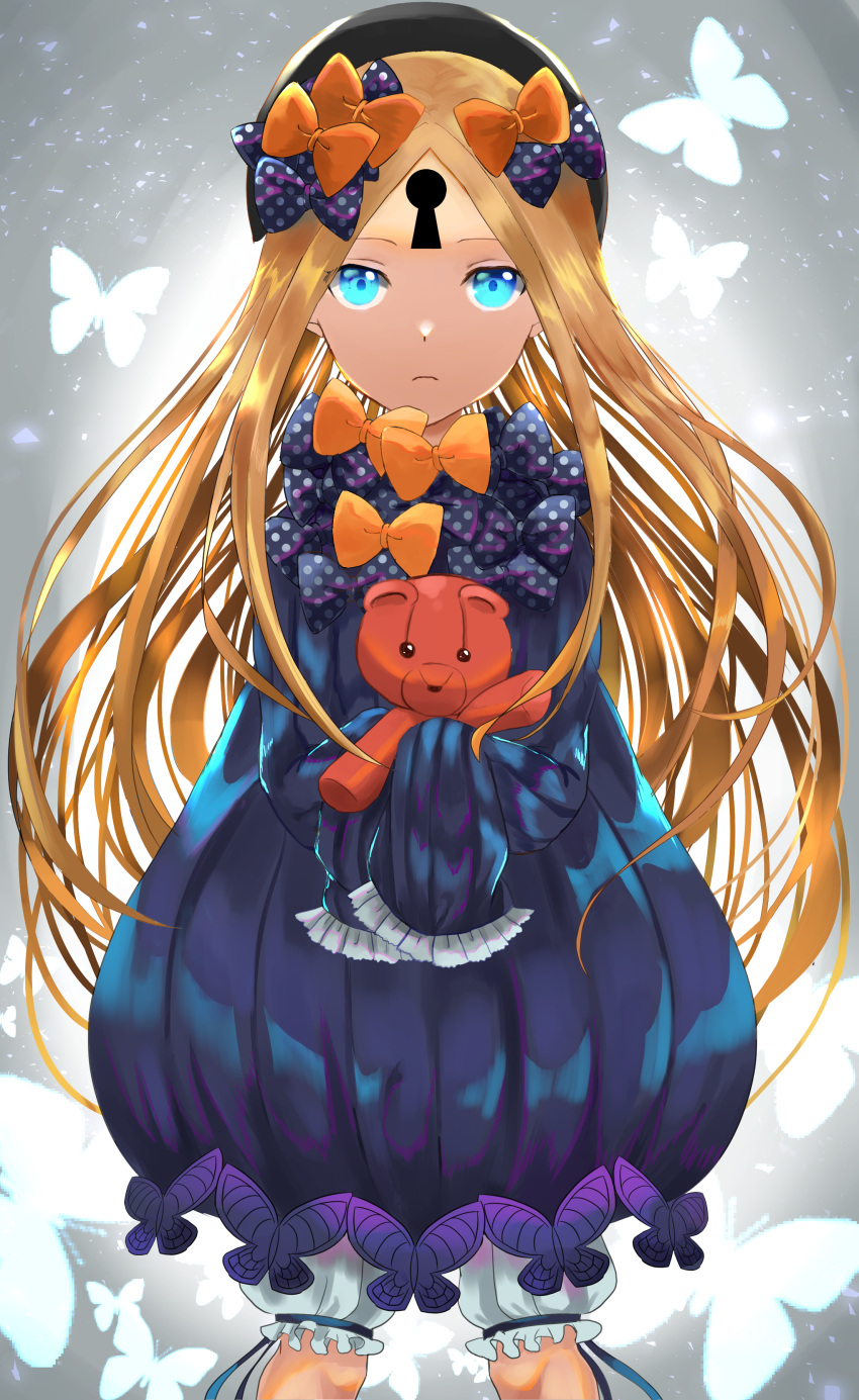 1girl abigail_williams_(fate/grand_order) absurdres bangs black_bow black_hat blonde_hair bloomers blue_dress blue_eyes bow bug butterfly closed_mouth commentary_request dress fate/grand_order fate_(series) hair_bow hat highres inamori_(inari00000) insect keyhole light_frown long_hair long_sleeves looking_at_viewer object_hug orange_bow parted_bangs polka_dot polka_dot_bow sleeves_past_fingers sleeves_past_wrists solo stuffed_animal stuffed_toy teddy_bear underwear very_long_hair white_bloomers