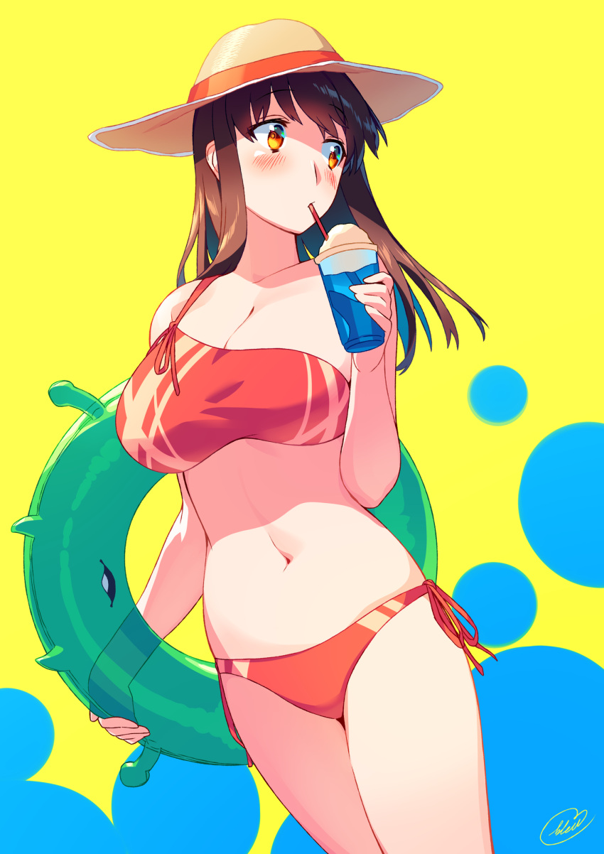 1girl akagi_(kantai_collection) alternate_costume bangs bikini blew_andwhite blush breasts brown_eyes brown_hair closed_mouth commentary_request cowboy_shot drink enemy_lifebuoy_(kantai_collection) eyebrows_visible_through_hair hair_between_eyes hat highres holding kantai_collection long_hair navel red_bikini side-tie_bikini simple_background solo standing straight_hair straw_hat swimsuit thighs