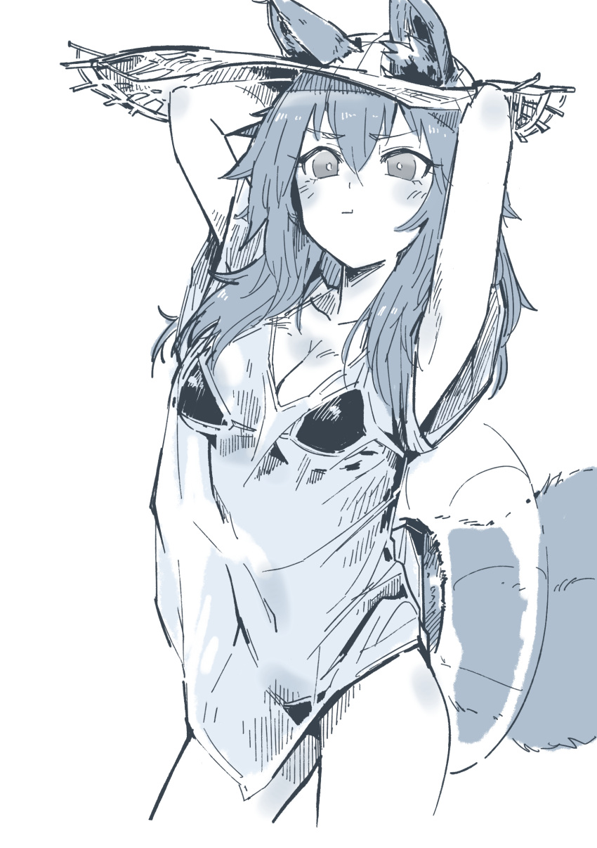 1girl absurdres animal_ear_fluff animal_ears arm_behind_back bikini bikini_under_clothes breasts cleavage collarbone ears_through_headwear fate/grand_order fate_(series) fox_ears fox_tail hat highres innertube large_breasts looking_at_viewer mogijabgo monochrome shirt side-tie_bikini simple_background solo straw_hat swimsuit tail tamamo_(fate)_(all) tamamo_no_mae_(swimsuit_lancer)_(fate) wet wet_clothes wet_shirt wet_t-shirt white_background