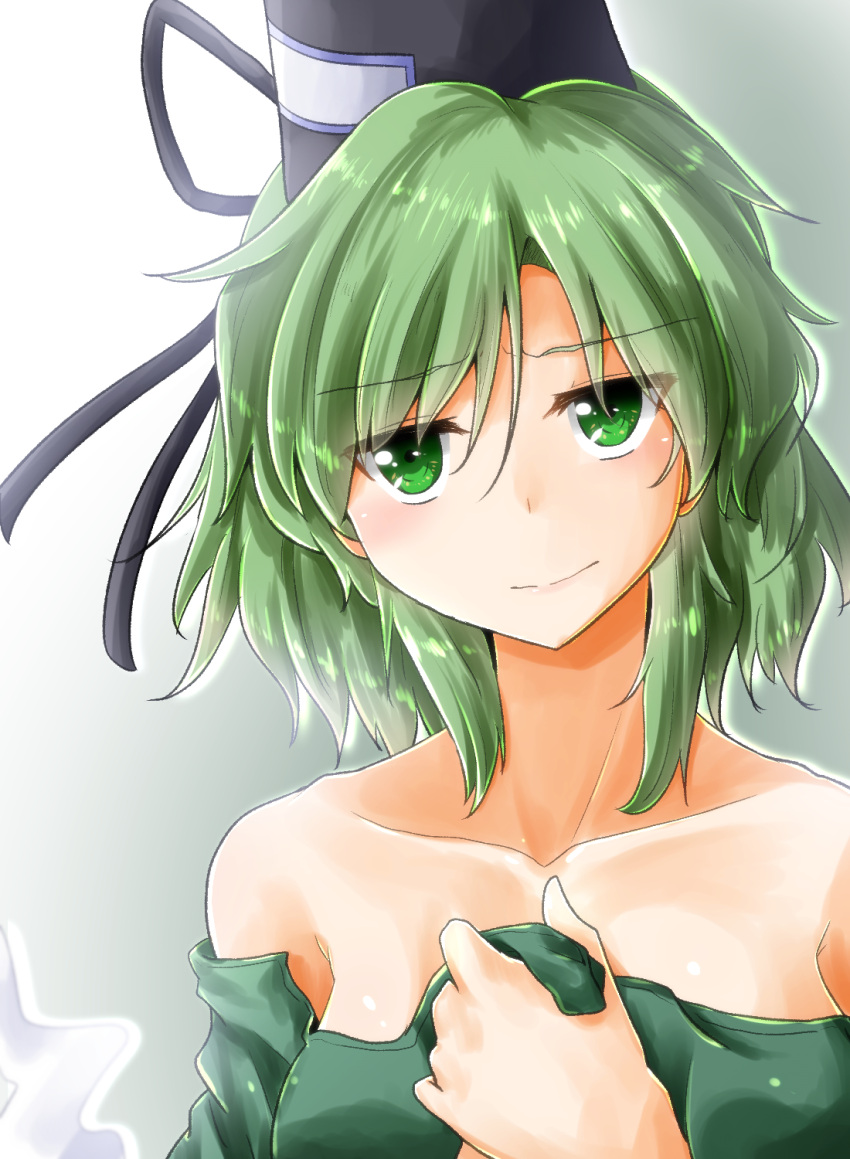 1girl bangs bare_shoulders black_hat black_ribbon blush breasts collarbone commentary_request dress eyebrows_visible_through_hair eyes_visible_through_hair ghost_tail gradient gradient_background green_background green_dress green_eyes green_hair hair_between_eyes hand_up hat hat_ribbon head_tilt highres light_smile lips looking_at_viewer medium_breasts off-shoulder_dress off_shoulder ofuda oshiaki outline pink_lips ribbon shiny shiny_skin short_hair soga_no_tojiko solo tate_eboshi touhou upper_body white_background white_outline