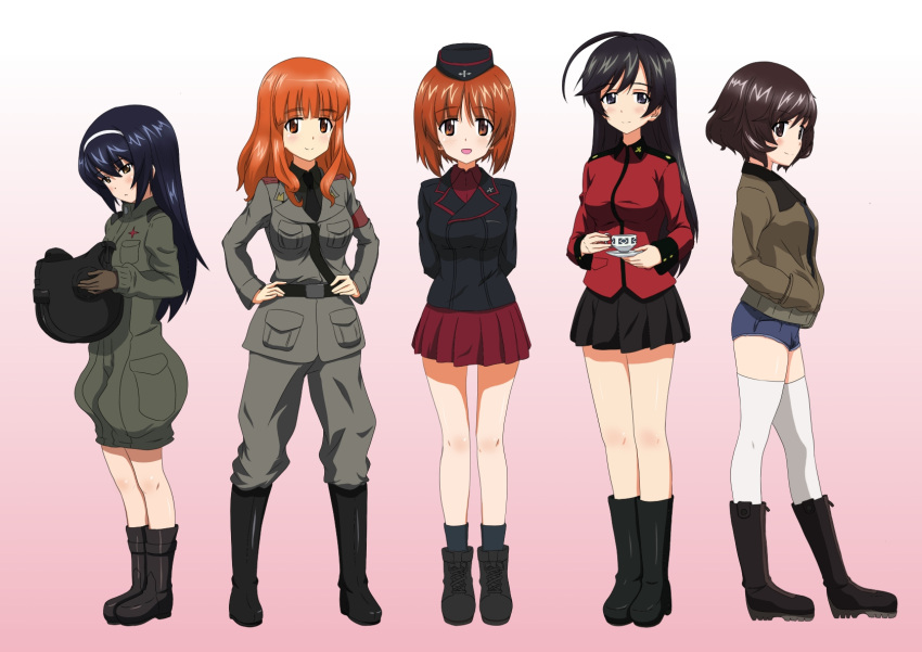 5girls ahoge akiyama_yukari anchovy anchovy_(cosplay) ankle_boots anzio_military_uniform arms_behind_back bangs belt black_belt black_eyes black_footwear black_hair black_hat black_jacket black_legwear black_neckwear black_shirt black_skirt blue_shorts blunt_bangs boots brown_eyes brown_hair brown_jacket closed_mouth commentary cosplay cup cutoffs darjeeling darjeeling_(cosplay) denim denim_shorts dress_shirt drinking_glass emblem epaulettes eyebrows_visible_through_hair flatfield from_side garrison_cap girls_und_panzer gradient gradient_background green_jumpsuit grey_jacket grey_pants hairband hands_in_pockets hands_on_hips hat head_tilt helmet highres holding holding_cup holding_helmet isuzu_hana jacket katyusha katyusha_(cosplay) kay_(girls_und_panzer) kay_(girls_und_panzer)_(cosplay) knee_boots kuromorimine_military_uniform light_frown light_smile long_hair long_sleeves looking_at_viewer messy_hair military military_hat military_uniform miniskirt multiple_girls necktie nishizumi_miho open_mouth orange_eyes orange_hair pants parted_lips pink_background pleated_skirt pravda_military_uniform red_jacket red_shirt red_skirt reizei_mako sam_browne_belt saucer saunders_military_uniform shirt short_hair short_jumpsuit short_shorts shorts skirt smile socks st._gloriana's_military_uniform standing takebe_saori tank_helmet teacup thigh-highs uniform white_hairband white_legwear zipper