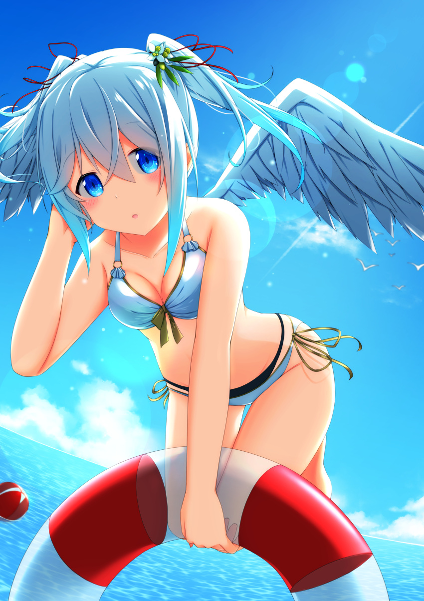 1girl :o absurdres aoi_thomas ball bangs bare_arms bare_shoulders beachball bikini blue_bikini blue_eyes blue_hair blue_sky blue_wings blush breasts cleavage clouds commentary_request day eyebrows_visible_through_hair feathered_wings flower flying front-tie_bikini front-tie_top hair_between_eyes hair_flower hair_ornament hair_ribbon highres holding holding_innertube horizon innertube looking_at_viewer medium_breasts ocean original outdoors parted_lips red_ribbon ribbon side-tie_bikini sidelocks sky solo swimsuit transparent water white_flower wings