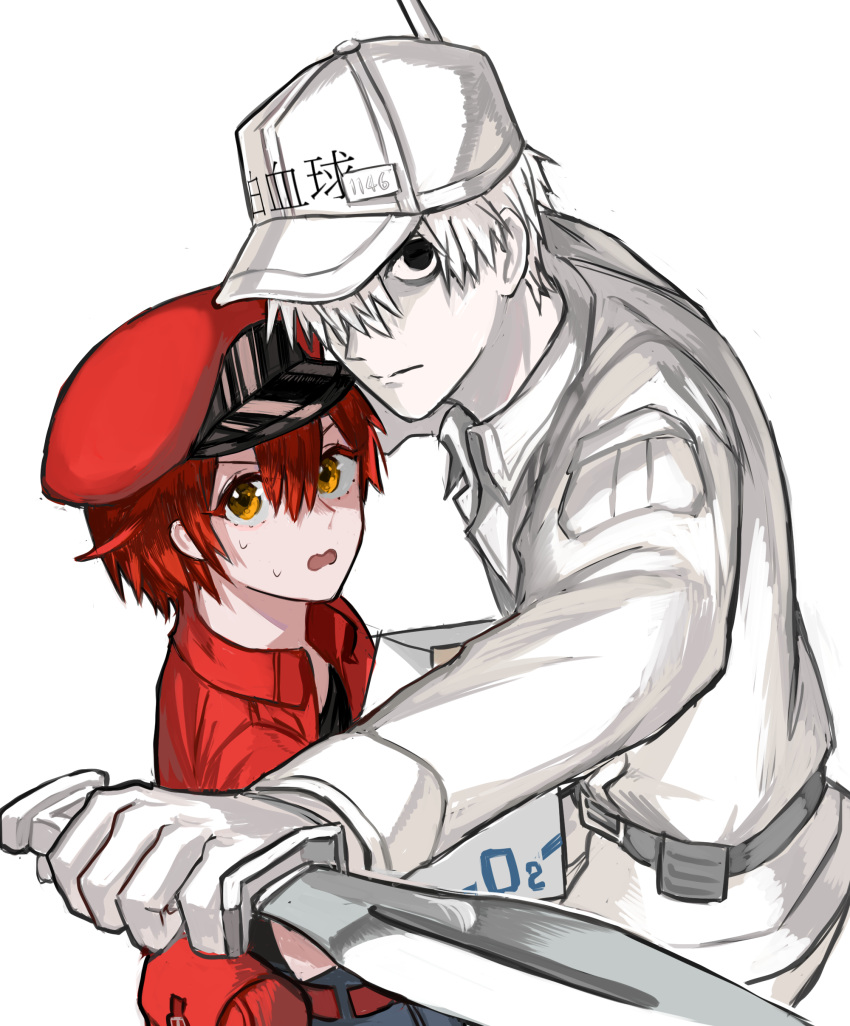 1boy 1girl absurdres ahoge bag baseball_cap belt black_eyes black_shirt box cabbie_hat collared_shirt denim denim_shorts gloves hair_between_eyes hair_over_one_eye hat hataraku_saibou highres jacket knife long_sleeves name_tag no_pupils open_mouth red_blood_cell_(hataraku_saibou) red_hat redhead ririkonosukee satchel shirt short_hair shorts simple_background spiky_hair sweatdrop wavy_mouth white_background white_blood_cell_(hataraku_saibou) white_gloves white_hair white_hat white_shirt white_skin yellow_eyes