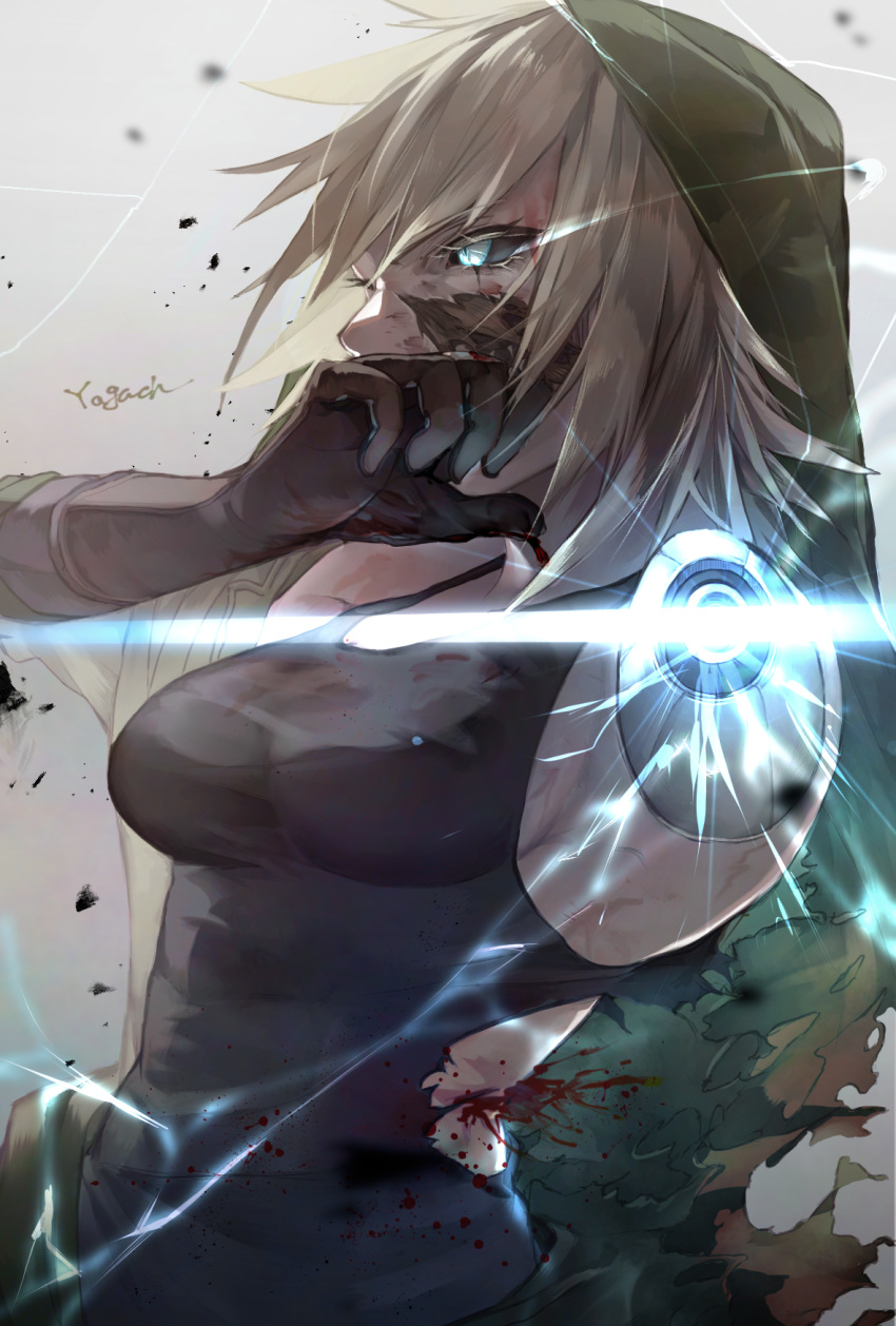 1girl amputee black_sclera blonde_hair blood blue_eyes breasts covering_mouth cyborg damaged electricity exposed_muscle gloves hand_over_own_mouth highres injury medium_breasts original parts_exposed solo torn_clothes yag_hag86