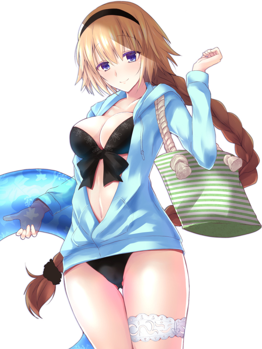 1girl arms_up bag black_bow black_swimsuit blue_jacket bow braid breasts brown_hair cleavage fate/apocrypha fate/grand_order fate_(series) floral_print garter_straps hairband head_tilt highres holding holding_innertube hood hoodie innertube jacket janne_d'arc jeanne_d'arc_(fate) jeanne_d'arc_(fate)_(all) jeanne_d'arc_(grimms_notes) large_breasts long_hair long_sleeves looking_at_viewer multicolored_hair open_clothes open_jacket ribbon rikudou_inuhiko shoulder_bag simple_background single_braid smile solo swimsuit two-tone_hair very_long_hair violet_eyes white_background
