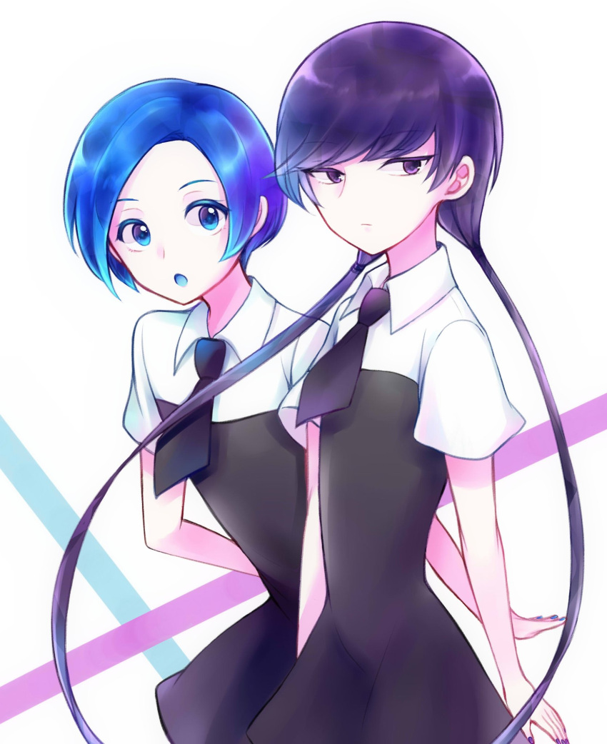 2others androgynous benitoite_(houseki_no_kuni) blue_eyes blue_hair colored_eyelashes crystal_hair gem_uniform_(houseki_no_kuni) highres houseki_no_kuni kanade_00xx long_hair looking_at_viewer low_twintails multiple_others necktie neptunite_(houseki_no_kuni) purple_hair short_hair twintails violet_eyes