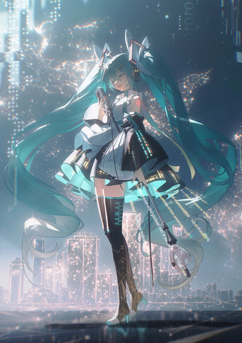 1girl absurdres aqua_hair aqua_necktie black_footwear black_skirt blush_stickers boots city closed_eyes closed_mouth collared_shirt detached_sleeves english_commentary full_body grey_shirt hair_ornament hatsune_miku high_heels highres holding holding_microphone konya_karasue long_hair microphone music necktie open_mouth own_hands_together pleated_skirt shirt simple_background singing skirt solo teeth thigh-highs thigh_boots twintails upper_teeth_only very_long_hair vocaloid white_background wide_sleeves