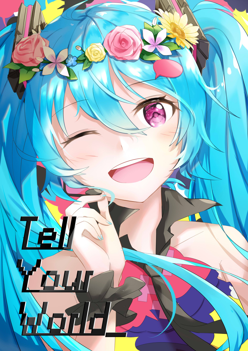 1girl ;d absurdres black_neckwear blue_hair collarbone eyebrows_visible_through_hair flower hair_between_eyes hair_flower hair_ornament hatsune_miku head_wreath highres ichigo_mayonnaise long_hair looking_at_viewer necktie one_eye_closed open_mouth pink_eyes pink_flower pink_rose rose shiny shiny_hair sleeveless smile solo tell_your_world_(vocaloid) twintails upper_body vocaloid yellow_flower