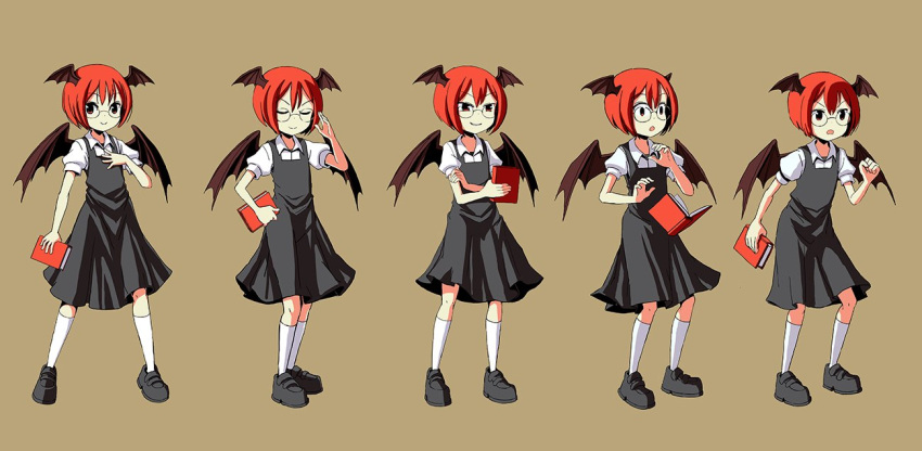 1girl :o adrian_ferrer bat_wings black_dress book clenched_hand commentary dress dropping english_commentary expressions frown full_body glasses head_wings koakuma puffy_short_sleeves puffy_sleeves red_eyes redhead short_hair short_sleeves smile solo surprised touhou wings