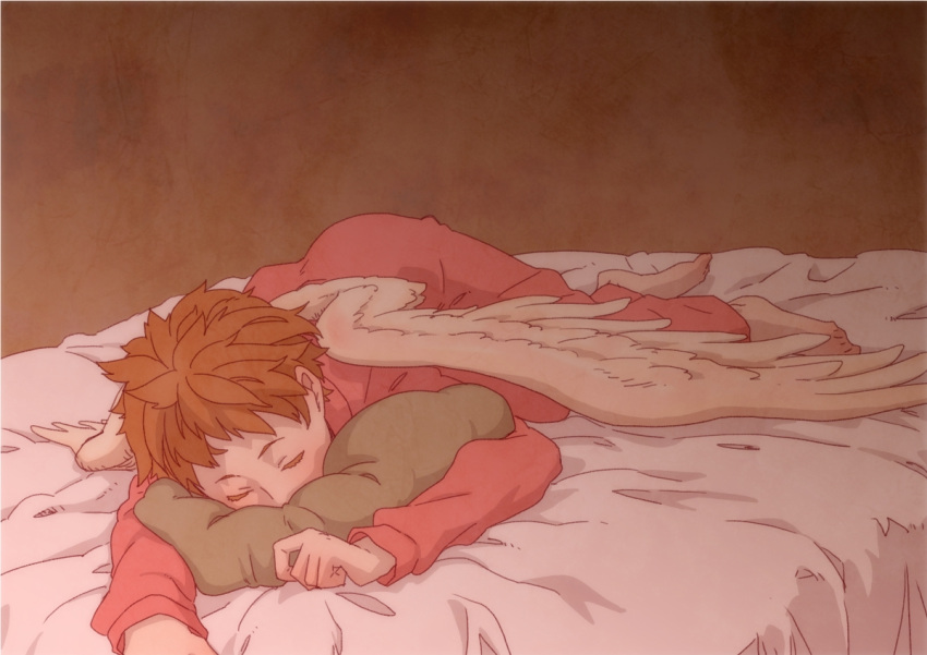 1girl barefoot bed bed_sheet brown_hair closed_eyes colored_eyelashes face_in_pillow hanei_mine indoors lying messy_hair myourenji on_bed on_side pajamas pillow red_pajamas short_hair sleeping solo species_domain white_wings wings