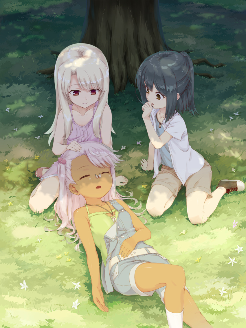 3girls animal asymmetrical_bangs bangs bare_arms bare_shoulders black_hair blonde_hair blue_shirt brown_eyes brown_footwear brown_shorts bug butterfly butterfly_on_nose camisole chloe_von_einzbern closed_mouth collarbone commentary_request dark_skin day dress eyebrows_visible_through_hair fate/kaleid_liner_prisma_illya fate_(series) flower green_camisole hair_between_eyes hair_bobbles hair_ornament hand_on_another's_head highres illyasviel_von_einzbern insect jacket long_hair lying miyu_edelfelt multiple_girls no_socks on_back one_side_up open_clothes open_jacket outdoors overall_shorts parted_lips pink_dress pink_hair red_eyes sakunohi_no_moon sandals shirt shoes short_shorts shorts sitting sleeveless sleeveless_dress smile socks tree very_long_hair wariza white_flower white_jacket white_legwear yellow_flower