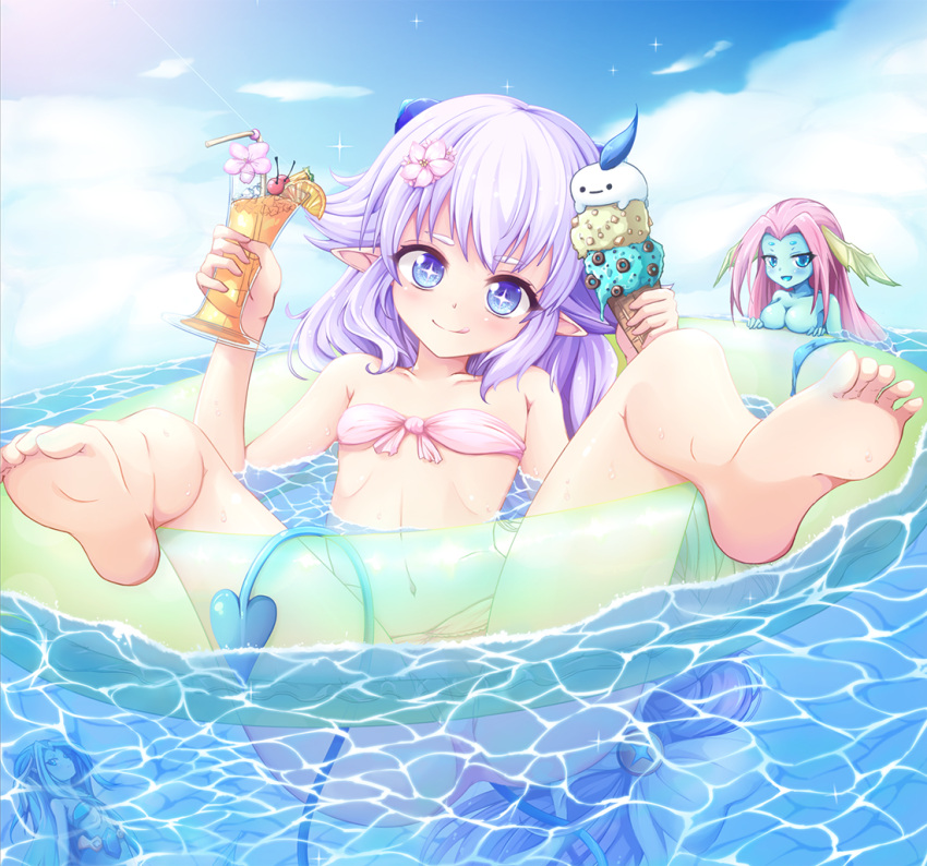 1girl buoy cat_and_rabbit chilling_hedgehog_(elsword) clouds collarbone demon_girl demon_horns demon_tail drink elsword eyebrows_visible_through_hair floating flower food hair_flower hair_ornament horns ice_cream ice_cream_cone iz_(elsword) laguz_(elsword) licking_lips luciela_r._sourcream navel sky sparkle star star-shaped_pupils sunlight swimsuit symbol-shaped_pupils tail tongue tongue_out water