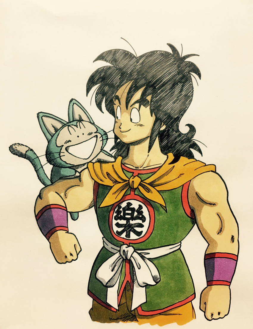 1boy :d animal animal_on_shoulder belt black_eyes black_hair clenched_hands clothes_writing commentary_request dragon_ball dragon_ball_(classic) flying happy highres lee_(dragon_garou) long_hair looking_at_another male_focus muscle neckerchief open_mouth orange_neckwear puar shaded_face simple_background sleeveless smile standing tail upper_body whiskers white_background wristband yamcha