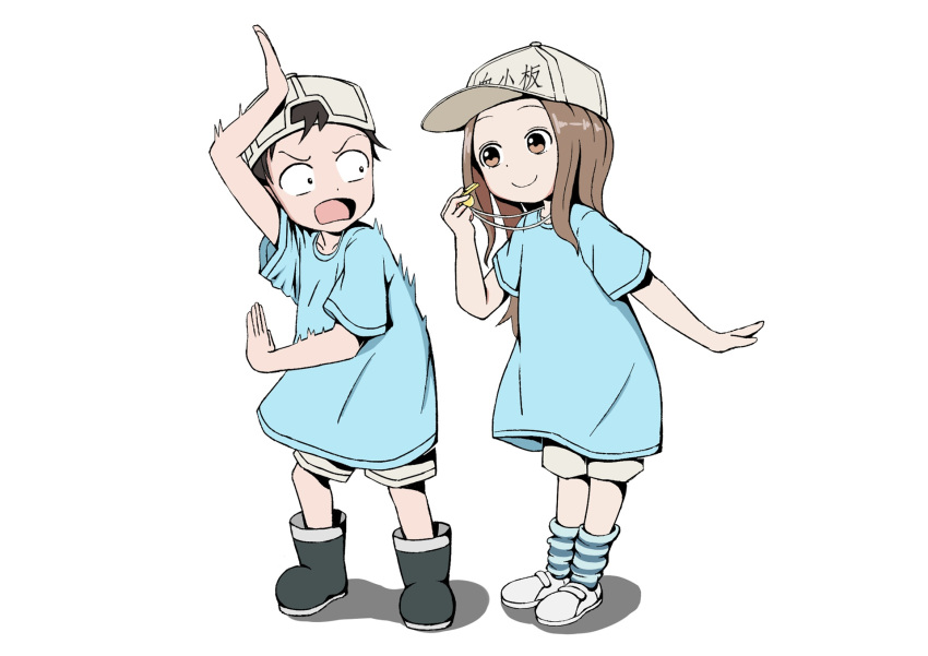 1boy 1girl alternate_costume bangs black_hair blue_shirt blush brown_eyes brown_hair cosplay full_body hataraku_saibou highres karakai_jouzu_no_takagi-san l.eleven leaning_forward nishikata open_mouth parted_bangs platelet_(hataraku_saibou) platelet_(hataraku_saibou)_(cosplay) shirt shoes shorts smile socks standing surprised takagi-san trembling whistle wide-eyed