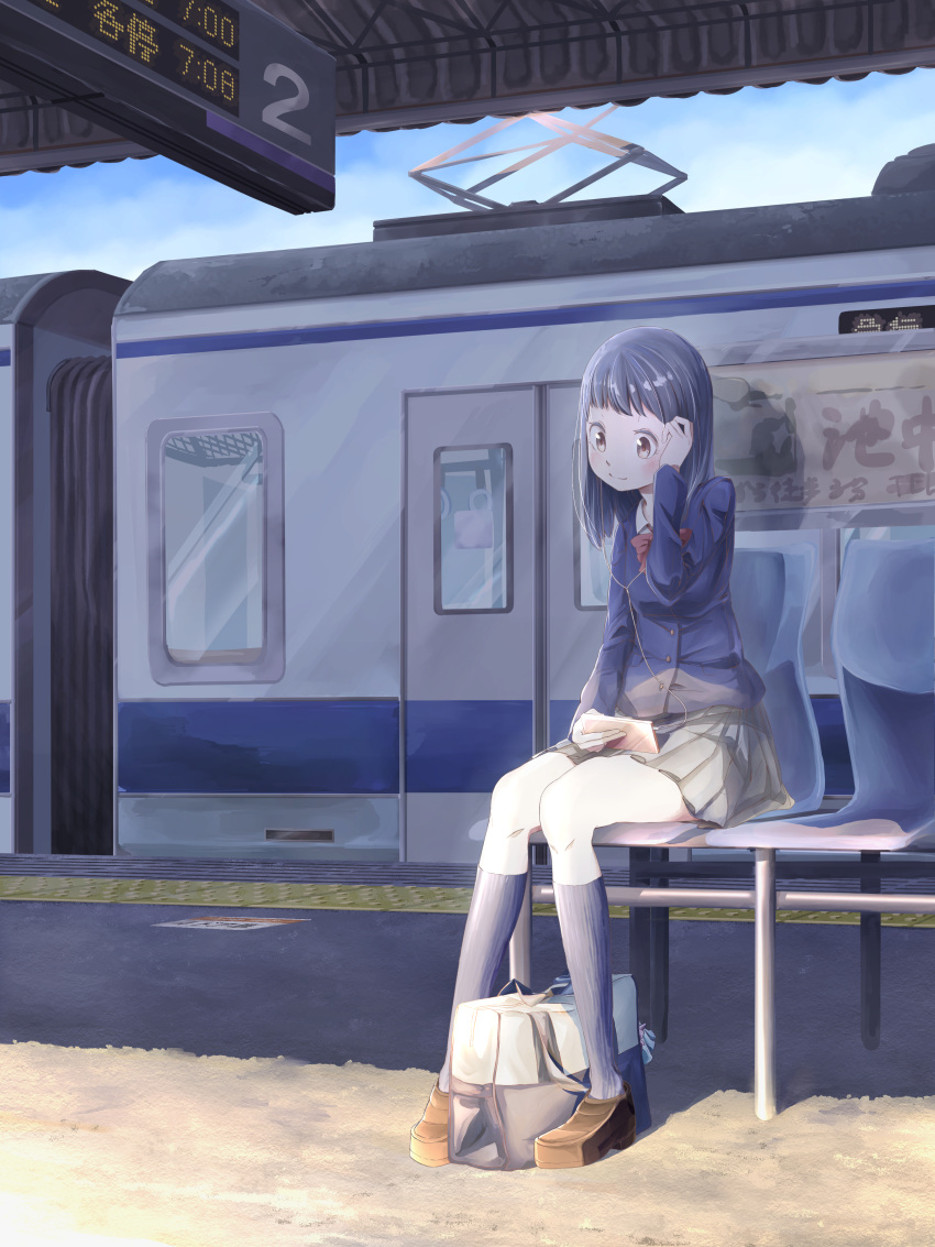 12_graka 1girl absurdres bag black_hair black_legwear black_skirt blue_jacket blue_sky blush bookbag bow brown_eyes brown_footwear day digital_media_player earphones earphones ground_vehicle hand_up highres jacket kneehighs medium_hair original red_bow scenery school_uniform sitting skirt sky smile solo train train_station uniform