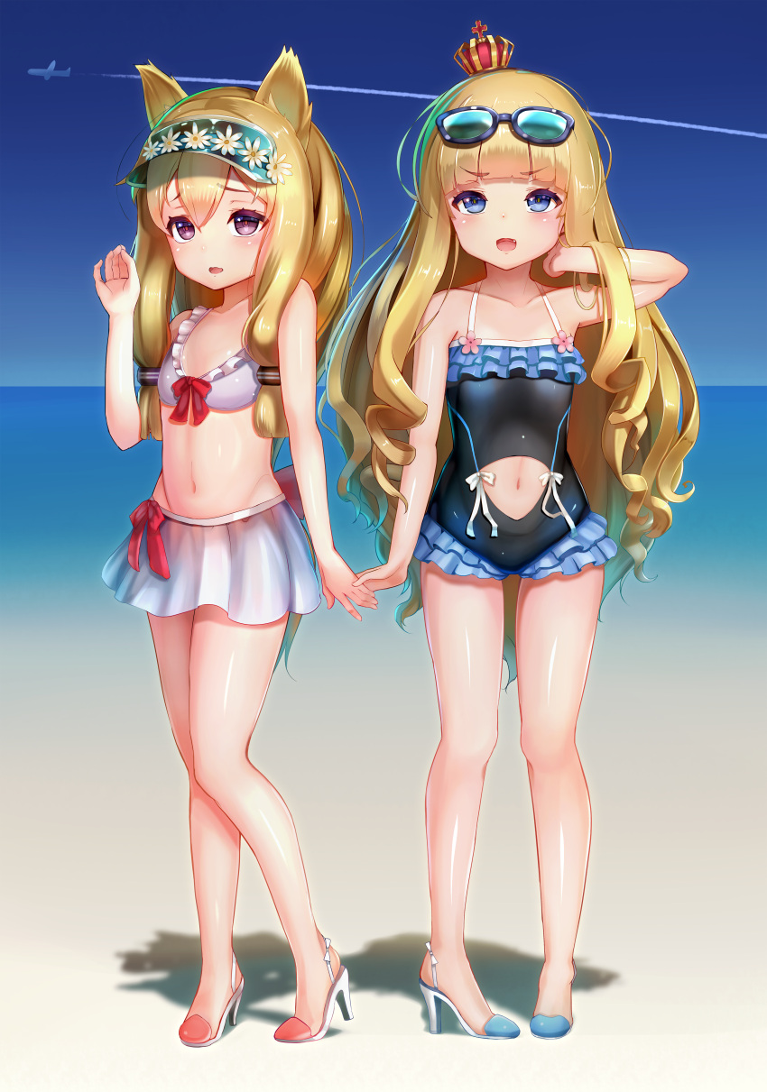 2girls :d absurdres aircraft airplane azur_lane beach bikini blonde_hair blue_eyes clouds collarbone condensation_trail crown curly_hair day eyebrows_visible_through_hair eyewear_on_head fang frilled_bikini frills full_body furrowed_eyebrows groin hair_between_eyes hand_holding high_heels highres huge_filesize long_hair looking_at_viewer mini_crown multiple_girls navel navel_cutout one-piece_swimsuit open_mouth outdoors parted_lips queen_elizabeth_(azur_lane) shoes silhouette sky smile standing sunglasses swimsuit teratsuu very_long_hair violet_eyes visor_cap warspite_(azur_lane) water white_bikini