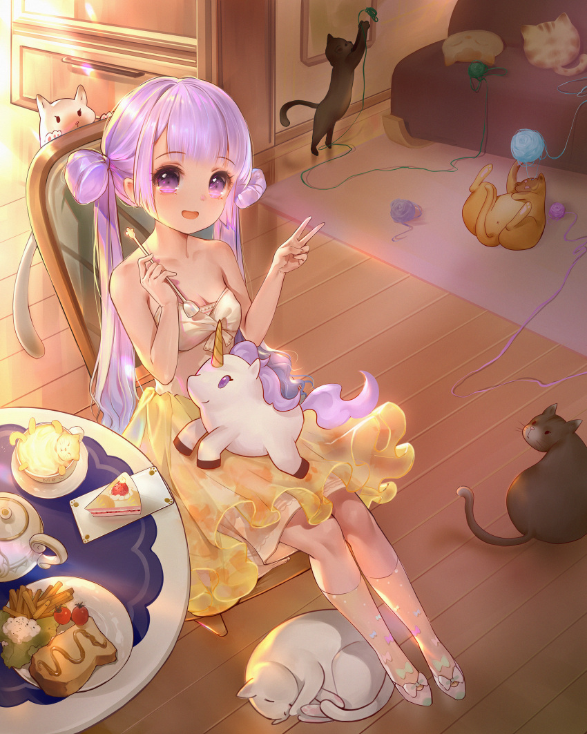 1girl :d absurdres alternate_costume alternate_hairstyle azur_lane bangs bare_shoulders breasts cake cat chair cleavage double_bun dress eyebrows_visible_through_hair food hair_bun highres indoors kneehighs lavender_hair long_hair looking_at_viewer open_mouth orry plate shoes sitting skirt smile solo strapless strapless_dress stuffed_alicorn table teapot twintails unicorn_(azur_lane) v very_long_hair violet_eyes white_dress white_footwear yellow_skirt