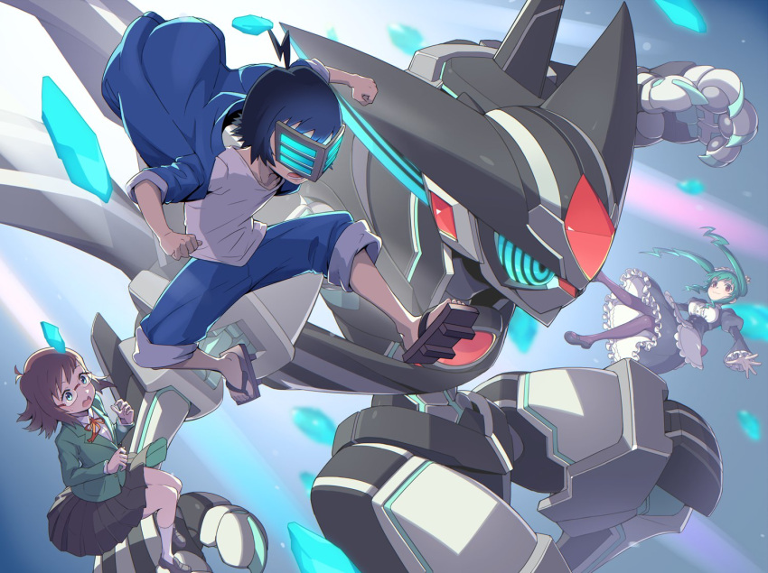 1boy 2girls :3 ahoge animal_ears blazer blue_hair cat_ears claws commentary_request crown floating frills geta glasses green_eyes green_hair hairband jacket kuroi_ginko kuroi_souya lightning_bolt loafers long_hair long_sleeves maid mask mecha mechanization medium_hair midair mini_crown multiple_girls neck_ribbon planet_with pleated_skirt puffy_sleeves red_eyes ribbon sandals school_uniform sensei_(planet_with) shirt shoes shorts sidelocks skirt socks takamagahara_nozomi thigh-highs tonami_kanji twintails