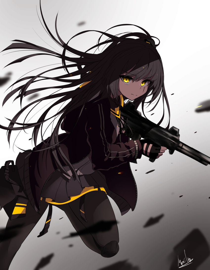 1girl absurdres alswp5806 bangs black_gloves blurry blurry_foreground brown_hair brown_jacket closed_mouth depth_of_field eyebrows_visible_through_hair finger_on_trigger fingerless_gloves fingernails girls_frontline gloves glowing glowing_eyes gradient gradient_background grey_background grey_legwear grey_skirt gun h&amp;k_ump45 hair_between_eyes hair_ornament highres holding holding_gun holding_weapon jacket long_hair looking_at_viewer one_side_up open_clothes open_jacket pantyhose pleated_skirt shirt signature skirt solo standing standing_on_one_leg ump45_(girls_frontline) very_long_hair weapon white_background white_shirt yellow_eyes