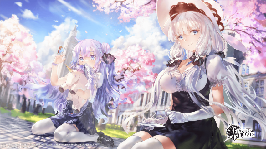academy ahoge alternate_costume artist_request azur_lane bangs black_footwear black_ribbon blouse blue_dress blue_eyes blue_sky blush breasts bug butterfly cherry_blossoms choker cleavage clock clock_tower clouds copyright_name covered_mouth cup day dress drinking_glass elbow_gloves eyebrows_visible_through_hair framed_breasts gloves grass hair_ornament hair_ribbon hat highres holding holding_cup holding_saucer illustrious_(azur_lane) insect jewelry lace-trimmed_hat large_breasts loafers logo long_hair looking_at_hand looking_at_viewer low_twintails mole mole_under_eye official_art outdoors pendant petals pinafore_dress pleated_shirt puffy_short_sleeves puffy_sleeves purple_hair purple_skirt ribbon sapphire_(stone) seiza shoes short_sleeves side_bun sidelocks sitting skirt sky smile stuffed_animal stuffed_toy stuffed_unicorn tareme thigh-highs tower tress_ribbon twintails unicorn_(azur_lane) very_long_hair violet_eyes wariza white_gloves white_hair white_hat white_legwear wind wristband zettai_ryouiki