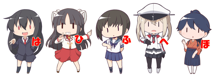 5girls bangs black_gloves black_hair black_legwear blonde_hair blue_hair blue_hakama blue_sailor_collar blue_skirt blunt_bangs capelet celtic_knot chibi commentary_request dress_shirt fubuki_(kantai_collection) full_body gloves graf_zeppelin_(kantai_collection) grin hair_between_eyes hair_ribbon hakama hakama_skirt hat hatsushimo_(kantai_collection) hiyou_(kantai_collection) houshou_(kantai_collection) iron_cross japanese_clothes kantai_collection kimono long_hair low_ponytail magatama masaki_itsuki military military_hat military_uniform miniskirt multiple_girls necktie pantyhose peaked_cap pleated_skirt ponytail red_eyes red_hakama red_neckwear red_skirt ribbon sailor_collar school_uniform serafuku shirt short_ponytail sidelocks sign_language simple_background skirt smile standing tasuki twintails uniform white_background white_hat white_legwear white_ribbon |_|