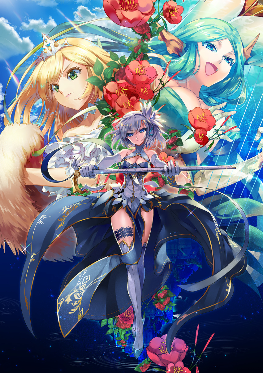 3girls :d :| angelia bare_shoulders blonde_hair blue_eyes blue_hair blue_sky breasts cane castle closed_mouth clouds crown cu-rim flower frown fur gloves green_eyes grey_gloves grey_legwear hair_ribbon hestia_(sdorica_-sunset-) hibiscus highres holding_cane horns large_breasts long_hair medium_breasts multiple_girls open_mouth ribbon sdorica_-sunset- sione_aldric sky smile standing thigh_strap upside-down white_gloves