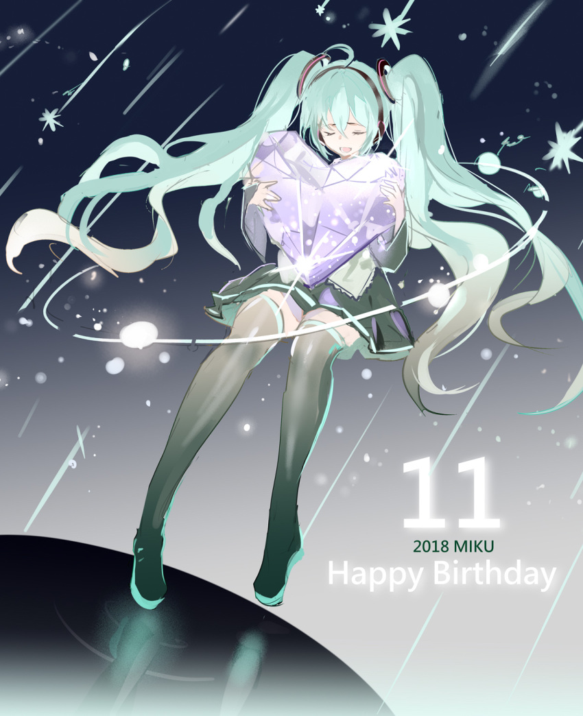 1girl :d ahoge bangs black_footwear black_legwear black_skirt boots bxr character_name closed_eyes commentary crystal detached_sleeves english_commentary green_hair grey_shirt hair_between_eyes happy_birthday hatsune_miku headphones heart highres holding long_hair long_sleeves open_mouth pleated_skirt reflection shirt skirt sleeves_past_wrists smile solo thigh-highs thigh_boots twintails very_long_hair vocaloid wide_sleeves