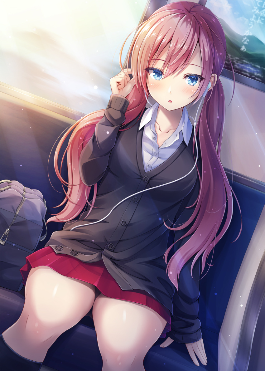 1girl akashio_(loli_ace) bag bangs bench black_legwear blue_eyes blush breasts brown_cardigan cardigan collarbone collared_shirt commentary_request dress_shirt dutch_angle earphones earphones eyebrows_visible_through_hair fingernails hair_between_eyes hand_up highres indoors kneehighs long_hair long_sleeves looking_at_viewer medium_breasts on_bench original parted_lips pleated_skirt red_skirt redhead shirt sitting skirt sleeves_past_wrists solo twintails very_long_hair white_shirt