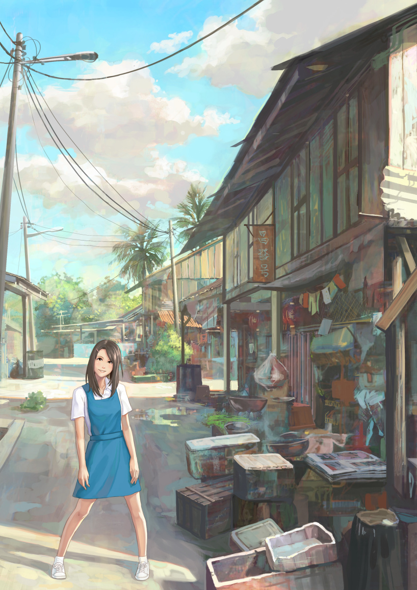 1girl absurdres brown_hair chinese chong_feigiap crate hair_ornament hairclip highres original power_lines school_uniform shoes smile socks solo standing translation_request