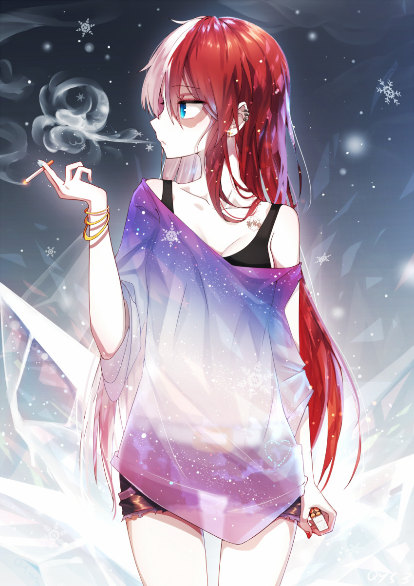 1girl bai_yemeng bangle bare_shoulders black_shorts black_tank_top blue_eyes boku_no_hero_academia bracelet burn_scar cigarette collarbone commentary_request cowboy_shot genderswap genderswap_(mtf) highres holding holding_cigarette jewelry long_hair multicolored_hair off_shoulder redhead scar scar_across_eye short_shorts shorts smoke snowflakes solo tank_top todoroki_shouto two-tone_hair very_long_hair white_hair