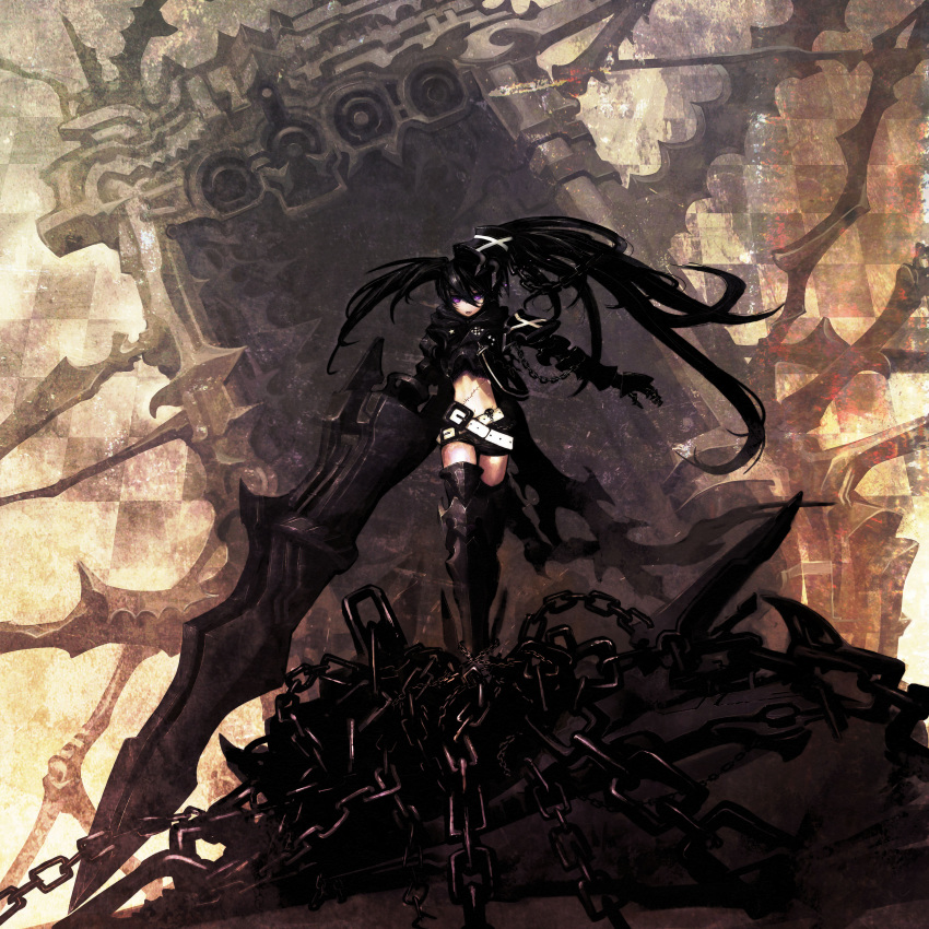 alternate_costume armor belt black_hair black_rock_shooter boots chain chains gauntlets greaves highres huge_weapon huke insane_black_rock_shooter long_hair midriff pink_eyes purple_eyes scar shorts thigh-highs thigh_boots thighhighs violet_eyes weapon
