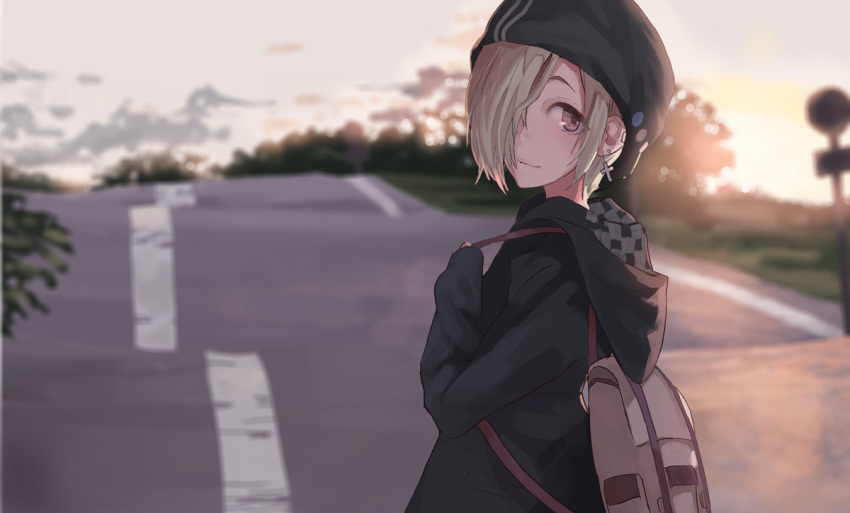 1girl asymmetrical_hair backpack bag beanie black_coat black_hoodie blonde_hair coat cross cross_earrings earrings from_behind hair_over_one_eye hat hood hood_down hoodie idolmaster idolmaster_cinderella_girls jewelry light_smile looking_back outdoors red_eyes road road_sign sawarakajin shirasaka_koume short_eyebrows sign sleeves_past_wrists standing sunrise sunset twilight upper_body