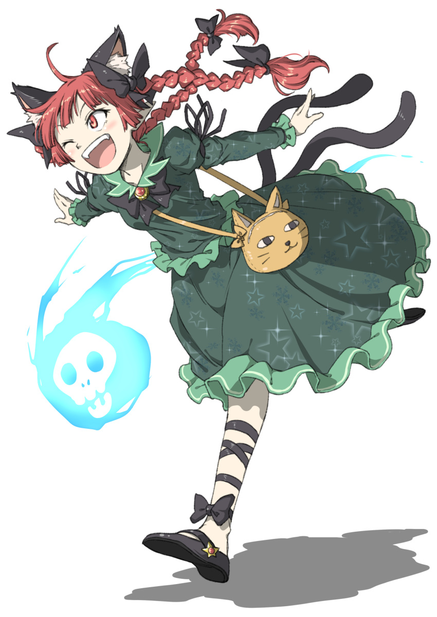 1girl ;d ahoge animal_ear_fluff animal_ears arm_ribbon aura bag bangs black_bow black_footwear black_neckwear black_ribbon blush bow bowtie braid brooch cat-shaped_bag cat_ears cat_tail commentary_request extra_ears fangs flaming_skull frilled_shirt frilled_skirt frilled_sleeves frills full_body green_shirt green_skirt hair_bow hair_ribbon highres inuno_rakugaki jewelry juliet_sleeves kaenbyou_rin leg_ribbon long_hair long_sleeves mary_janes multiple_tails one_eye_closed open_mouth outstretched_arms pointy_ears puffy_sleeves red_eyes redhead ribbon running shadow shirt shoes simple_background skirt skirt_set skull smile solo spread_arms star star_print tail themed_object touhou tress_ribbon twin_braids twintails two_tails white_background yellow_bag yellow_bow