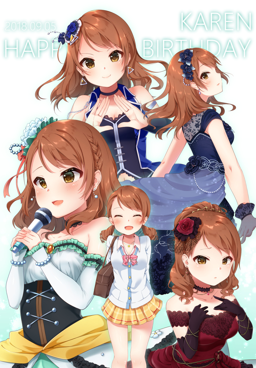 1girl :d absurdres alternate_hairstyle arms_behind_back bag black_gloves bow bowtie brown_eyes brown_hair character_name choker closed_eyes collarbone commentary_request corset dated detached_sleeves dress drill_hair earrings elbow_gloves flower gloves hair_flower hair_ornament happy_birthday highres houjou_karen idolmaster idolmaster_cinderella_girls idolmaster_cinderella_girls_starlight_stage jewelry looking_at_viewer loose_bowtie medium_hair microphone multiple_views nekonomimi off-shoulder_dress off_shoulder open_mouth pleated_skirt purple_dress red_dress school_bag school_uniform skirt smile triangle triangle_earrings twintails yellow_skirt